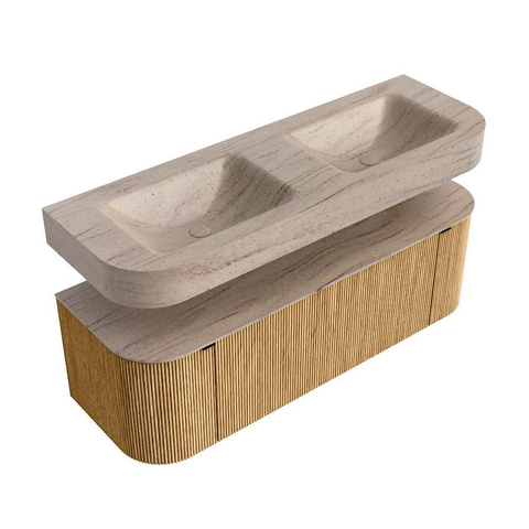 MONDIAZ THOR-DLUX 140cm meuble de salle de bains arrondi gauche + droite couleur Oak avec 1 tiroir et 2 portes. Vasque suspendue CLOUD Double sans trou de robinet couleur Saba. SW1464299