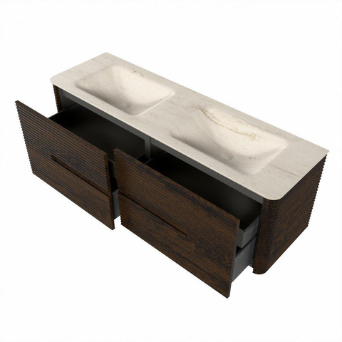 Mondiaz CIRO-DLUX Meuble de salle de bains - 150x45x50cm - Plan vasque Solid surface Meli - 2 bacs Doubles - sans trous de robinet - 4 tiroirs - Noyer SW1530522