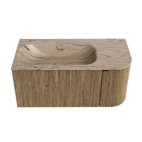 MONDIAZ KURVE-DLUX Meuble de salle de bains 95cm arrondi à droite couleur Dusk avec 1 tiroir et 1 porte. Lavabo BIG SMALL à gauche sans trou de robinet Arena. SW1431345
