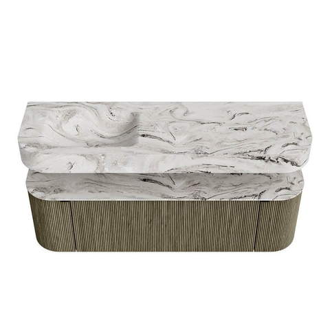 MONDIAZ THOR-DLUX 150cm meuble de salle de bains arrondi gauche + droite couleur Shadow avec 1 tiroir et 2 portes. Vasque suspendue CLOUD Gauche sans trou de robinet couleur Glace. SW1464686