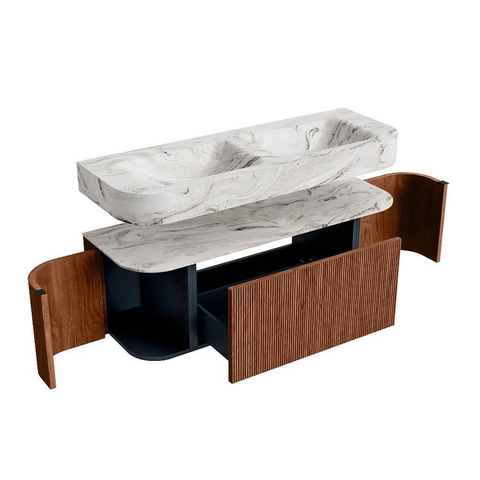 MONDIAZ THOR-DLUX 130cm badmeubel ronding links + rechts kleur Ruby met 1 lade en 2 deuren. Vrijhangende wastafel CLOUD Dubbel 2 kraangaten kleur Glace. SW1463733