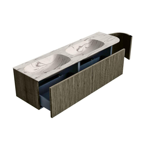 MONDIAZ KURVE-DLUX 165cm badmeubel ronding Rechts kleur Shadow met 2 lades en 1 deur. Wastafel STOR SMALL Dubbel / Links 2 kraangaten Nata. SW1432336