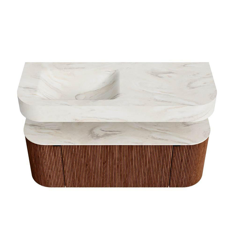 MONDIAZ THOR-DLUX 120cm meuble de salle de bains arrondi gauche + droite couleur Ruby avec 1 tiroir et 2 portes. Vasque suspendue CLOUD Gauche sans trou de robinet couleur Ostra. SW1463117