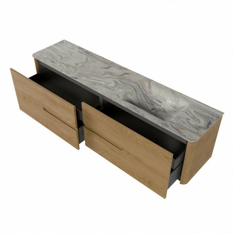 Mondiaz CIRO-DLUX Ensemble de meubles de salle de bains - 190x45x50cm - Vasque en solid surface Glace - 1 lavabo à droite - 1 trou de robinet - 4 tiroirs - Chêne SW1531078