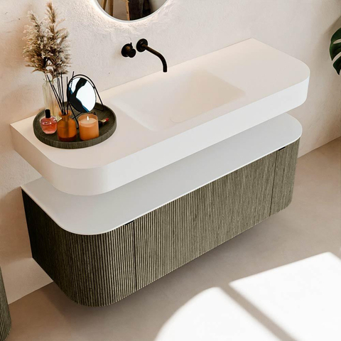 MONDIAZ THOR 130cm meuble de salle de bains arrondi gauche + droite couleur Shadow avec 1 tiroir et 2 portes. Vasque suspendue CLOUD Milieu sans trou de robinet couleur Talc. SW1463705