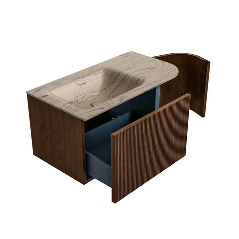 MONDIAZ KURVE-DLUX 85cm badmeubel ronding Rechts kleur Walnut met 1 lade en 1 deur. Wastafel CLOUD Links zonder kraangat Arena. SW1431201