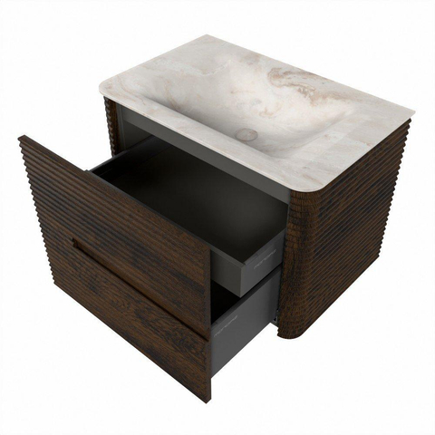 Mondiaz CIRO-DLUX Ensemble de meubles de salle de bains - 70x45x50cm - plan vasque Solid surface Frappe - 1 vasque au milieu - sans trous de robinet - 2 tiroirs - Noyer SW1530276