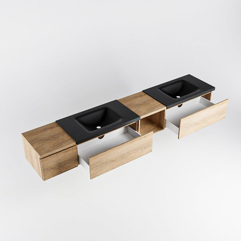 MONDIAZ BUKLA Meuble de salle de bains 240cm avec module ouvert 40 à droite couleur Washed Oak avec 3 tiroirs. Lavabo CLOUD double 0 trous de robinet couleur Urban. SW1382217