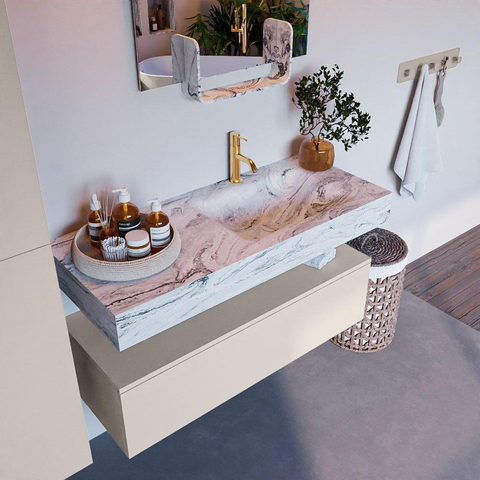Mondiaz ALAN-DLUX Ensemble de meuble - 110cm - meuble Linen mat - 1 tiroir - Lavabo Cloud Glace suspendu - vasque Droite - 1 trou de robinet SW805637