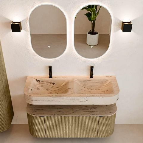 MONDIAZ THOR-DLUX 120cm meuble de salle de bains arrondi gauche + droite couleur Dusk avec 1 tiroir et 2 portes. Vasque suspendue CLOUD Double 2 trous de robinet couleur Arena. SW1463391