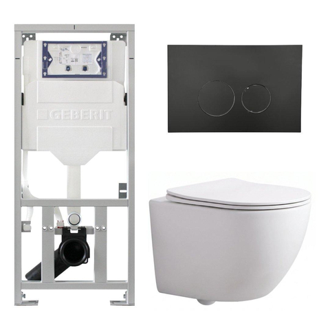 Pack WC QeramiQ Dely Swirl Compact - réservoir encastrable Geberit UP320 - avec bâti-support Burda - abattant slim - plaque de commande en plastique noir mat - boutons ronds - blanc mat SW1595631