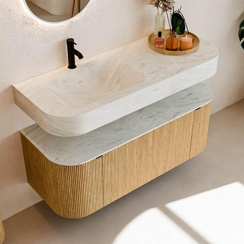 MONDIAZ THOR-DLUX 120cm meuble de salle de bains arrondi gauche + droite couleur Oak avec 1 tiroir et 2 portes. Vasque suspendue CLOUD gauche 1 trou de robinet couleur Opalo. SW1463093