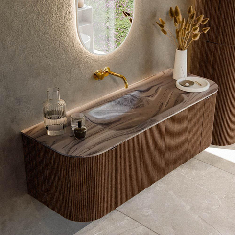 MONDIAZ KURVE-DLUX 130cm badmeubel ronding Links + Rechts kleur Walnut met 1 lade en 2 deuren. Wastafel BIG SMALL Midden zonder kraangat Sombra. SW1433651