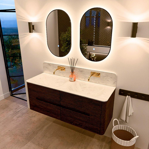 Mondiaz CIRO-DLUX Badkamermeubelset - 130x45x50cm - Solid surface wastafel Opalo - 2 wasbak Dubbel - zonder kraangaten - 4 lades - Walnut SW1530500