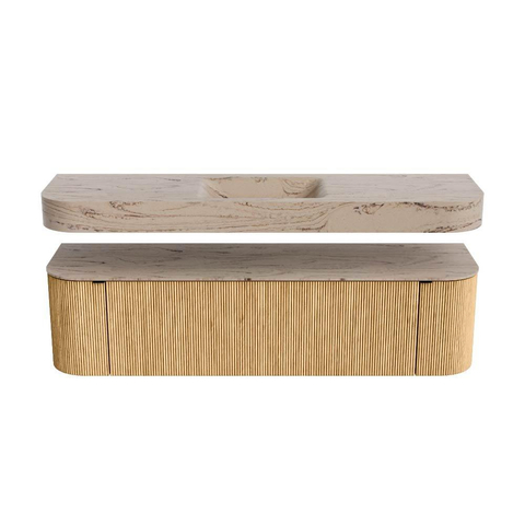 MONDIAZ THOR-DLUX 170cm badmeubel ronding links + rechts kleur Oak met 1 lade en 2 deuren. Vrijhangende wastafel CLOUD Midden zonder kraangat kleur Arena. SW1465790
