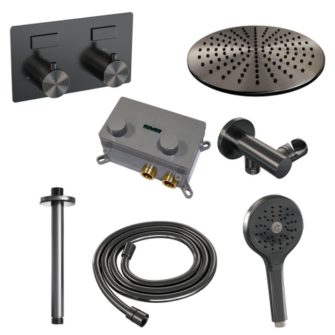 BRAUER gunmetal Edition Douche de pluie thermostatique encastrée - boutons-poussoirs - SET 60 - tête de douche 30 cm - bras de plafond - douchette 3 jets - flexible de douche - coude de raccordement mural - gunmetal brossé PVD SW925726