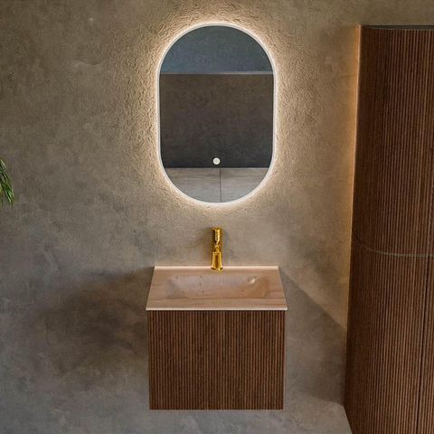 MONDIAZ KURVE-DLUX Meuble de salle de bains 50cm couleur Walnut avec 1 tiroir et 0 portes. Lavabo GRUNNE Central 1 trou de robinet Saba. SW1433138