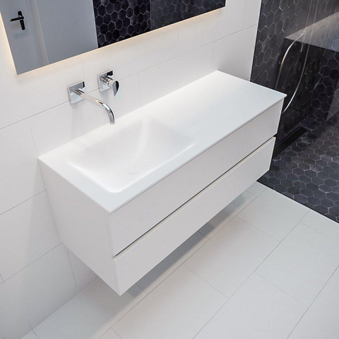 ENSEMBLE DE MEUBLE MONDIAZ VICA - 120cm - 2 tiroirs - lavabo Cloud gauche - 0 trous de robinet - solid surface talc SW409761