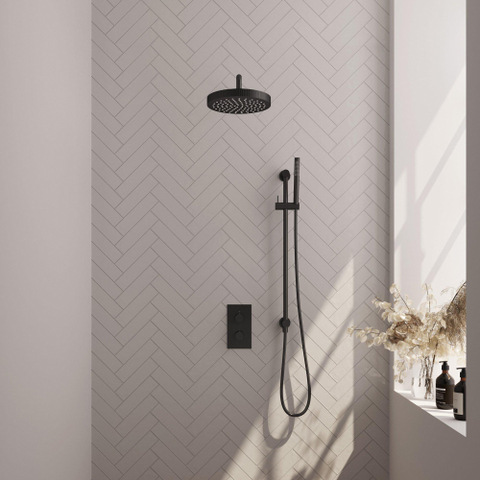 BRAUER Stripe Douche de tête thermostatique encastrée - 3 voies - rectangulaire - SET 20 - pomme de douche 25 cm - bras mural courbé - douchette à main avec barre coulissante intégrée - flexible de douche - noir mat SW1435152