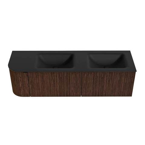 MONDIAZ KURVE Meuble de salle de bains 155 cm avec module 25 L couleur Walnut avec 2 tiroirs et 1 porte. Plan-vasque CLOUD double / droite sans trou de robinet Urban. SW1138490