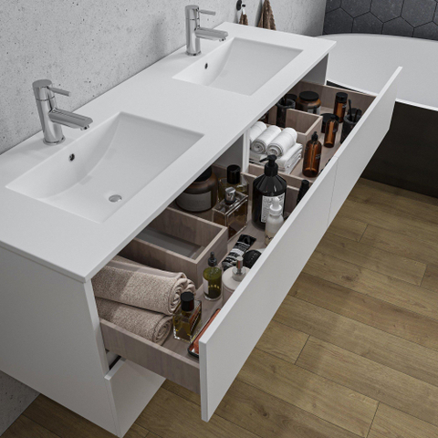 Saniclass Chaci Meuble de salle de bain - 140x46x55cm - 4 tiroirs - lavabo en céramique blanc - 2 vasques - 2 trous de robinet - blanc mat SW1171447