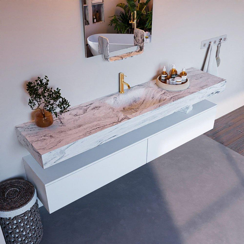 Mondiaz ALAN-DLUX Ensemble de meuble - 200cm - meuble Talc mat - 2 tiroirs - Lavabo Cloud Glace suspendu - vasque Centre - 1 trou de robinet SW805764