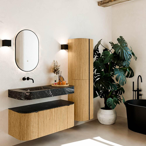 MONDIAZ THOR-DLUX 110cm badmeubel ronding links + rechts kleur Oak met 1 lade en 2 deuren. Vrijhangende wastafel CLOUD Links zonder kraangat kleur Lava. SW1462730