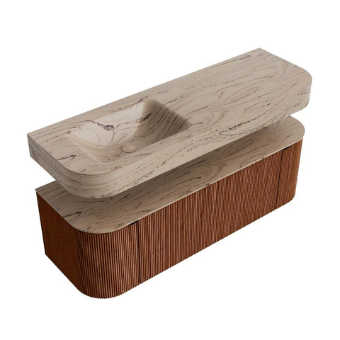 MONDIAZ THOR-DLUX Meuble de salle de bains - 140cm - arrondi gauche + droite - couleur Ruby - 1 tiroir - 2 portes - Vasque suspendue CLOUD Gauche 1 trou de robinet - couleur Arena SW1464363