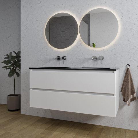 Saniclass Chaci Meuble de salle de bain - 120x45x55cm - lavabo en céramique noir mat - 2 vasques - sans trou de robinet - 2 tiroirs - blanc mat SW809398