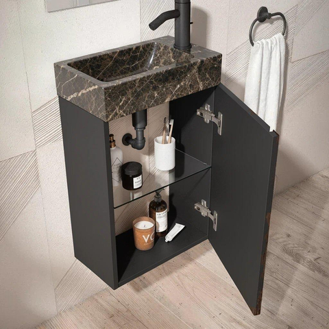 Saniclass Chaci Toiletmeubelset - 40x65cm - 1 deur - 1 kraangat - rechts - fontein dark emporador - mat zwart SW1482370