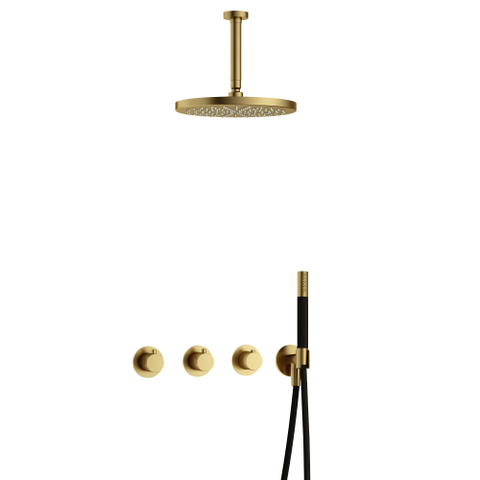 Hotbath Cobber IBS70 Regendoucheset - inbouw - 15cm plafondarm - 30cm ronde hoofddouche - staafhanddouche - PVD - geborsteld messing (goud) SW677676