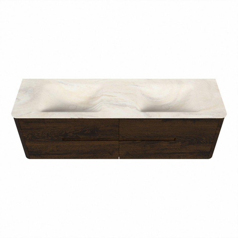 Mondiaz CIRO-DLUX Meuble de salle de bains - 160x45x50cm - Plan vasque Solid surface Ostra - 2 vasques Double - sans trous de robinetterie - 4 tiroirs - Noyer SW1530383