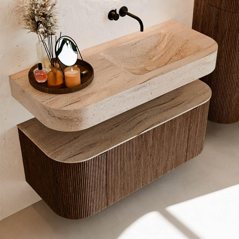 MONDIAZ THOR-DLUX 110cm badmeubel ronding links + rechts kleur Walnut met 1 lade en 2 deuren. Vrijhangende wastafel CLOUD Rechts zonder kraangat kleur Saba. SW1462995