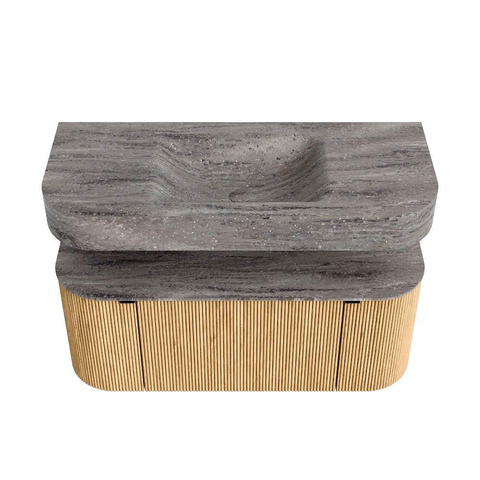 MONDIAZ THOR-DLUX 110cm badmeubel ronding links + rechts kleur Oak met 1 lade en 2 deuren. Vrijhangende wastafel CLOUD Midden 1 kraangat kleur Oza. SW1462960