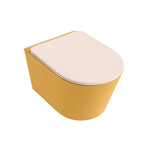 Mondiaz LAVIE hangtoilet – spoelrandloos – 36 x 53 cm – met softclose zitting – Ocher (geel), zitting Rosee (roze) SW1208689