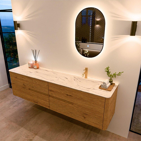 Mondiaz CIRO-DLUX Meuble de salle de bains - 190x45x50cm - Plan vasque solid surface Nata - 1 lavabo à droite - 1 trou de robinetterie - 4 tiroirs - Chêne SW1531480