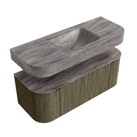 MONDIAZ THOR-DLUX 120cm badmeubel ronding links + rechts kleur Shadow met 1 lade en 2 deuren. Vrijhangende wastafel CLOUD Midden zonder kraangat kleur Oza. SW1463494