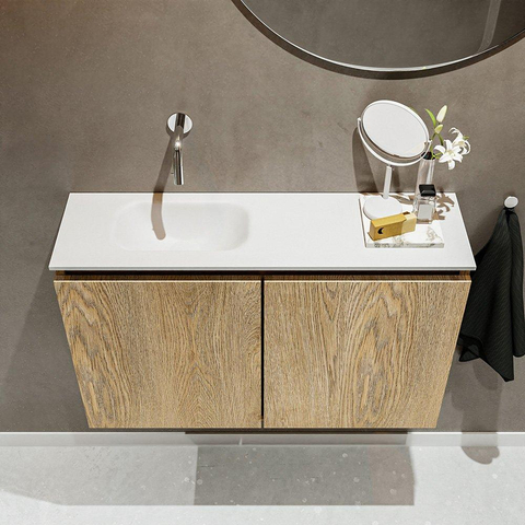 MONDIAZ TURE Kit lave-mains - 80x23x50cm - 0 trous de robinet - 2 portes - chêne blanchi mat - Lavabo à gauche - Solid Surface Blanc SW475134