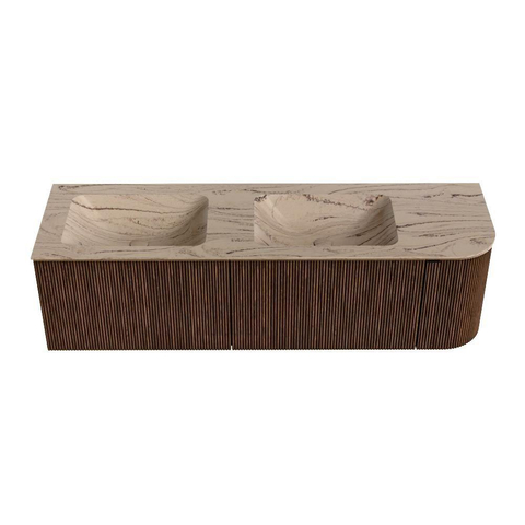MONDIAZ KURVE-DLUX 155cm badmeubel ronding Rechts kleur Walnut met 2 lades en 1 deur. Wastafel LEAF Dubbel / Links 2 kraangaten Arena. SW1431232