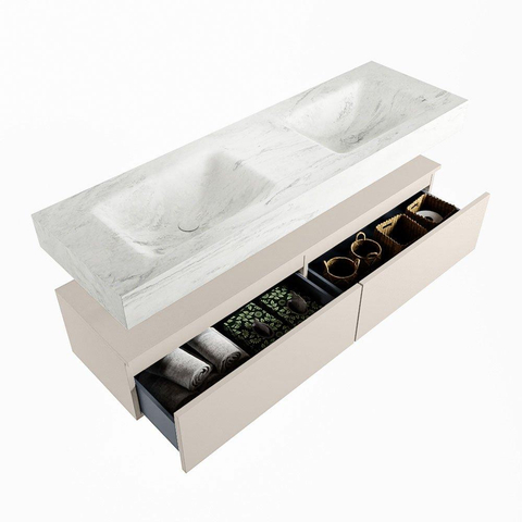 MONDIAZ ALAN - DLUX Ensemble meuble de salle de bains - 150cm - sous-meuble - Linen - 2 tiroirs - lavabo suspendu - 2 cuves - 2 trous de robinet - Opalo SW806722