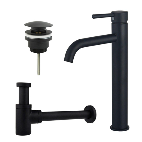 FortiFura Calvi Kit mitigeur lavabo - robinet rehaussé - bonde clic clac - siphon design bas - Noir mat SW891961