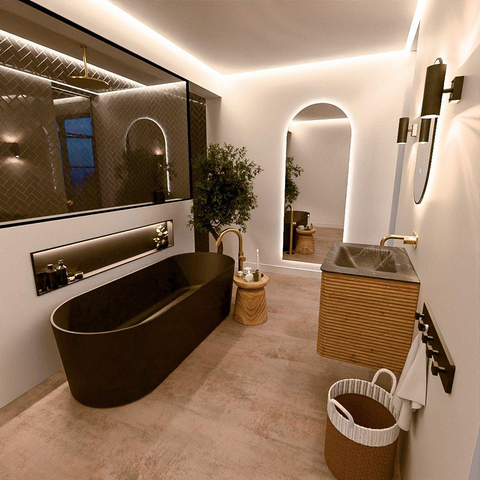 Mondiaz CIRO-DLUX Meuble de salle de bains - 70x45x50cm - lavabo solid surface Lava - 1 vasque au milieu - sans trous de robinet - 2 tiroirs - Chêne SW1531060
