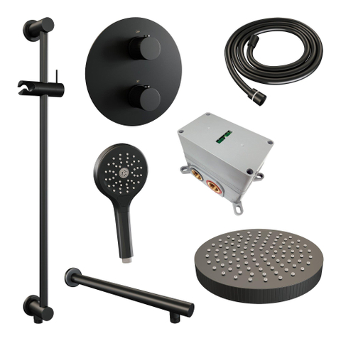 BRAUER Stripe Douche de tête thermostatique encastrée - 3 voies - ronde - SET 46 - pomme de douche 25 cm - bras mural droit - douchette 3 positions - flexible de douche - barre coulissante intégrée - noir mat SW1435178