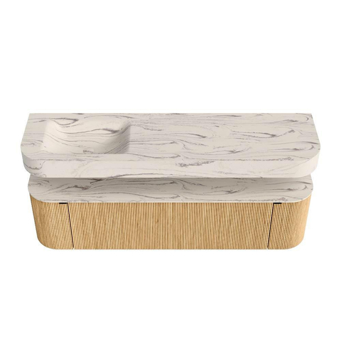 MONDIAZ THOR-DLUX 170cm meuble de salle de bains arrondi gauche + droite couleur Oak avec 1 tiroir et 2 portes. Vasque suspendue CLOUD Gauche 1 trou de robinet couleur Nata. SW1465778