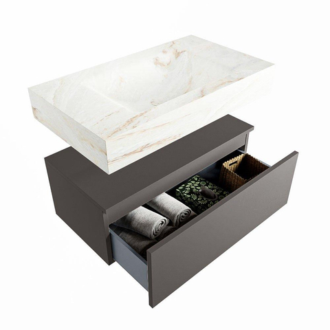 Mondiaz ALAN-DLUX Ensemble de meuble - 80cm - meuble Dark grey mat - 1 tiroir - Lavabo Cloud Frappe suspendu - vasque Centre - 0 trous de robinet SW804751