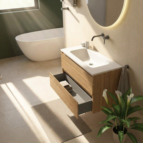 Saniclass Holz Pure Badkamermeubelset - 100x45x77.5cm - Torino solid surface wastafel wit - zonder kraangat - 2 lades - mat eiken natural (hout) SW1478666