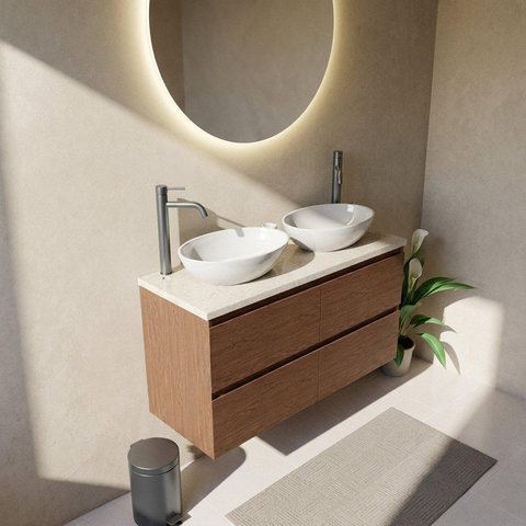 Saniclass Holz Pure Badkamermeubelset - 120x45x63cm - Travertine natuurstenen topblad - 2 kraangaten - 4 lades - mat walnut pure (hout) SW1478889
