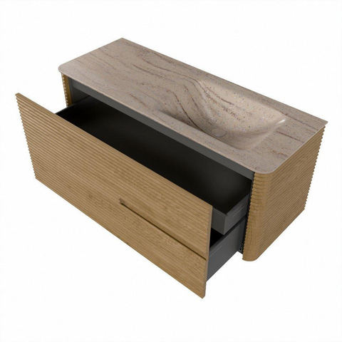 Mondiaz CIRO-DLUX Meuble de salle de bains - 120x45x50cm - Plan vasque Solid surface Saba - 1 bassin à droite - sans trous de robinetterie - 2 tiroirs - Chêne SW1531174