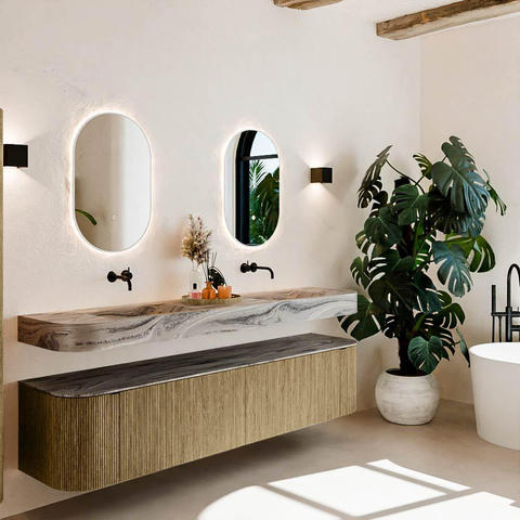 MONDIAZ THOR-DLUX 200cm meuble de salle de bains arrondi gauche + droite couleur Dusk avec 2 tiroirs et 2 portes. Vasque suspendue CLOUD Double sans trou de robinet couleur Sombra. SW1467279