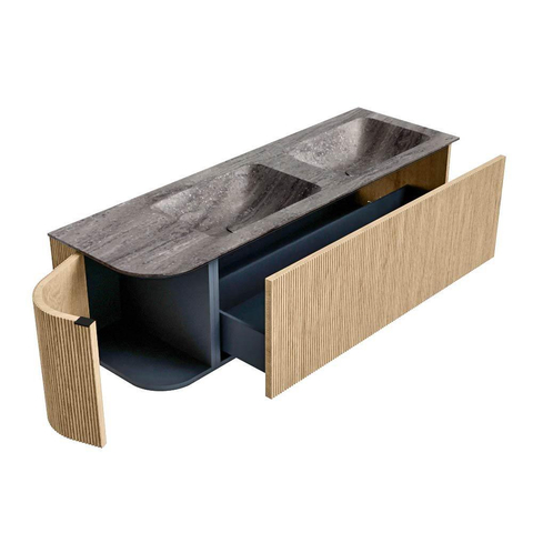 MONDIAZ KURVE-DLUX Meuble de salle de bains 145cm arrondi à gauche couleur Oak avec 1 tiroir et 1 porte. Lavabo LEAF Double / Droite sans trou de robinet Oza. SW1432674